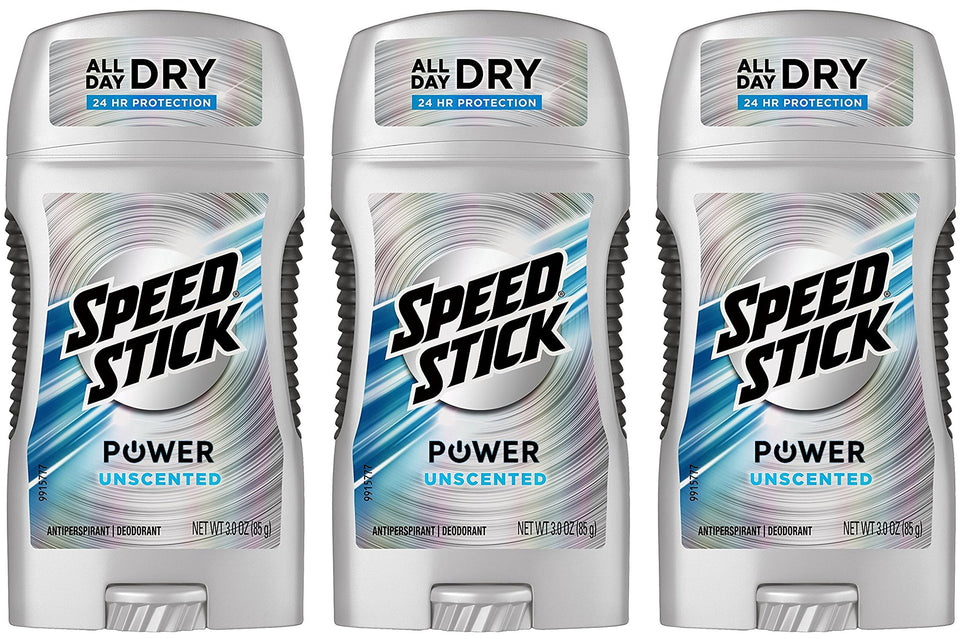 Speed Stick front packaging showing three unscented sticks and value