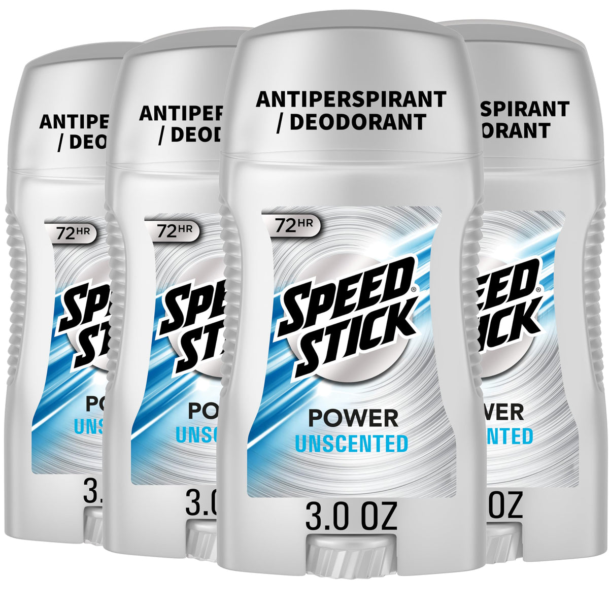 Speed Stick front packaging showing unscented four‑pack benefit