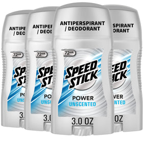 Speed Stick front packaging showing unscented four‑pack benefit