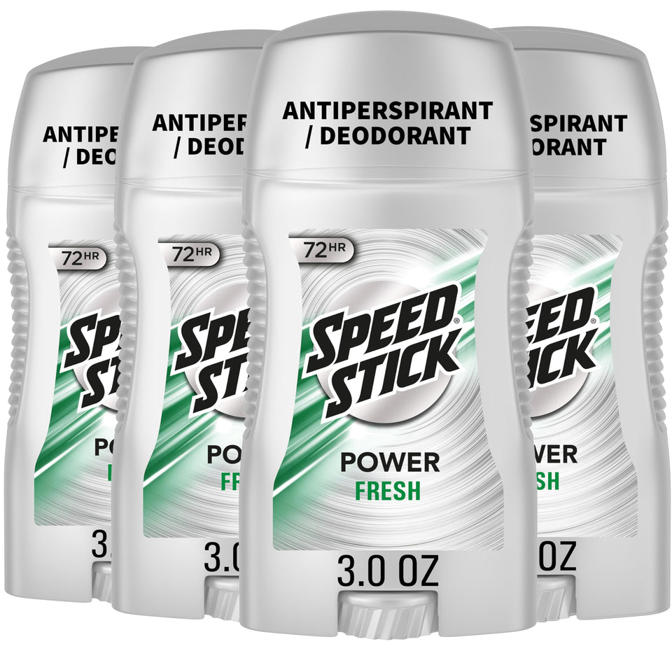 Speed Stick front packaging showing four sticks and Fresh scent benefit