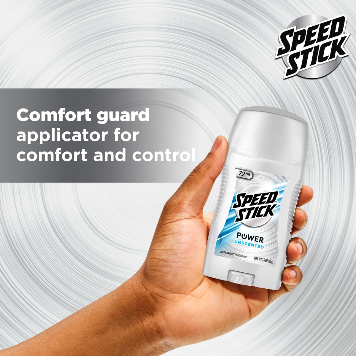 Speed Stick beside phone to show 3.0 oz compact size