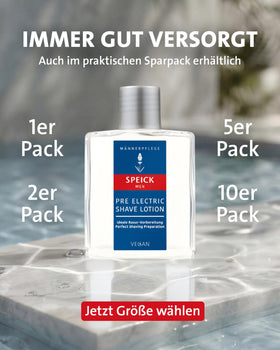 Speick bottle beside electric shaver ready to enhance shaving performance