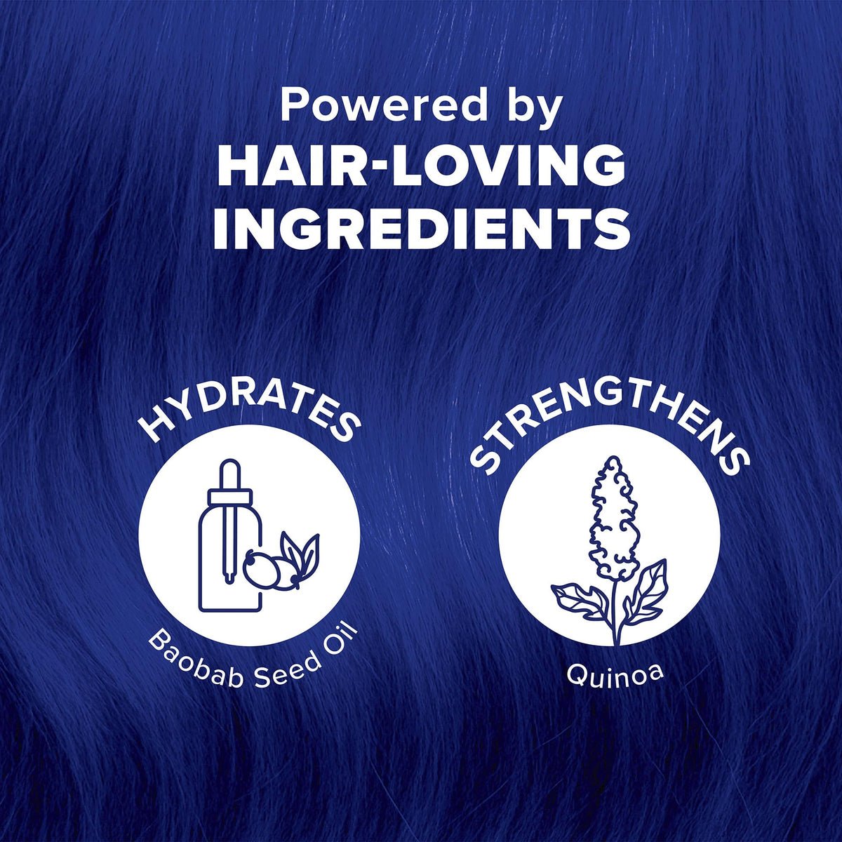Before and after hair comparison showing Splat delivering vibrant blue payoff benefit