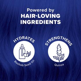 Before and after hair comparison showing Splat delivering vibrant blue payoff benefit