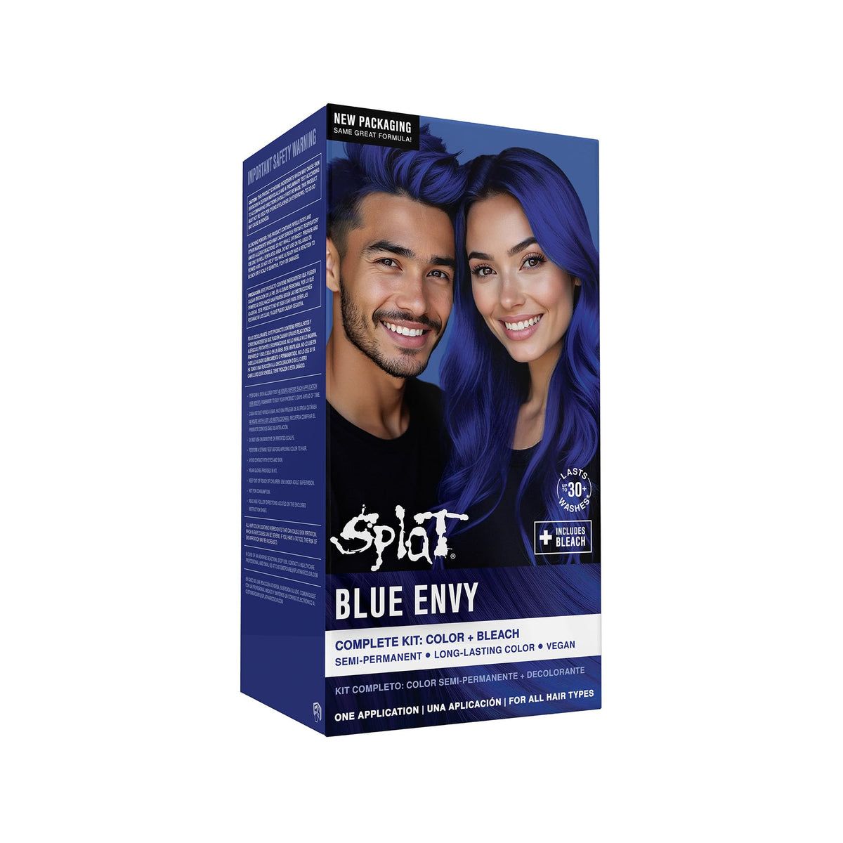 Splat front packaging showing bold blue hair color and kit contents benefit clarity