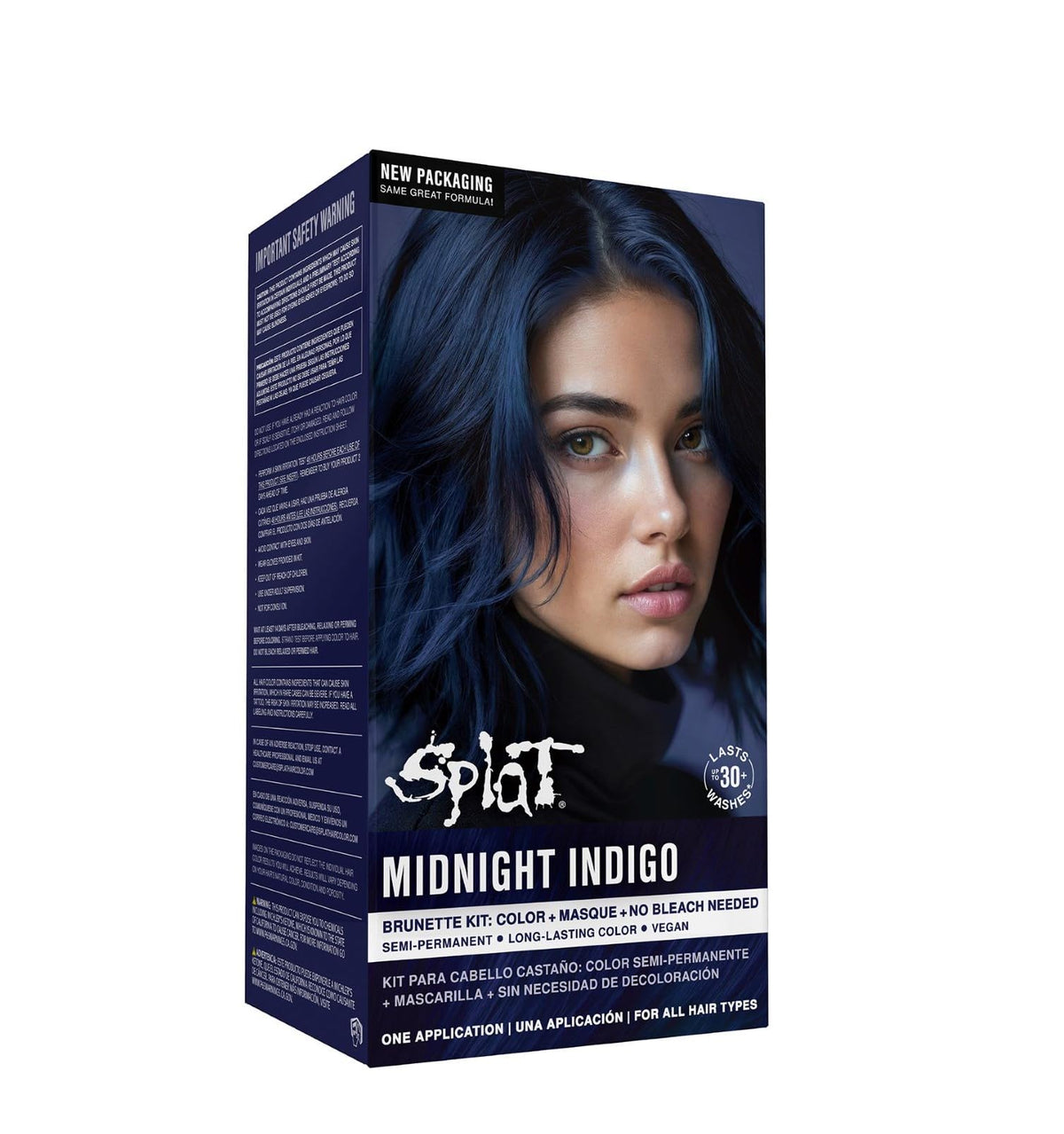 Splat front packaging showing midnight indigo shade and benefits