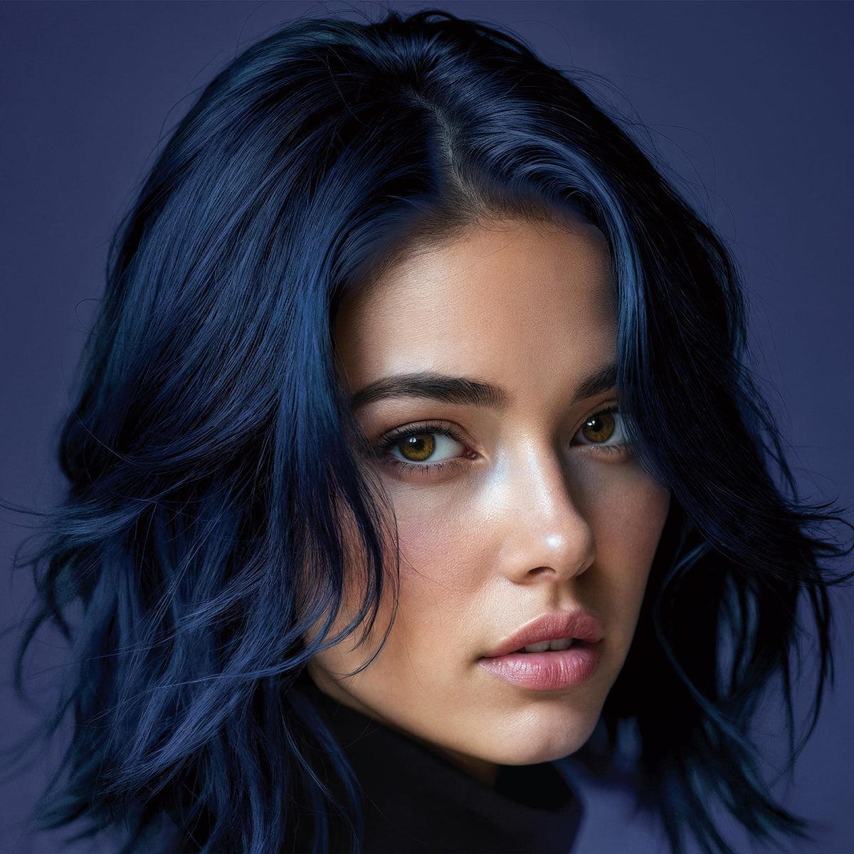Splat styled dark hair in lifestyle shot emphasizing glossy indigo finish