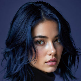 Splat styled dark hair in lifestyle shot emphasizing glossy indigo finish