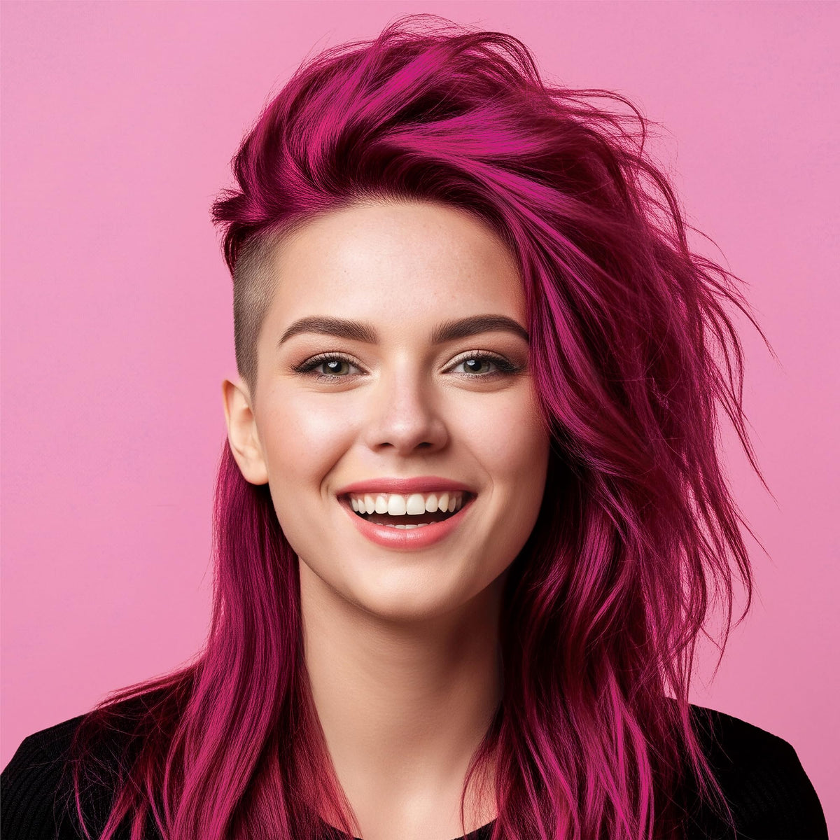 Model with styled magenta hair showcasing Splat color in natural light