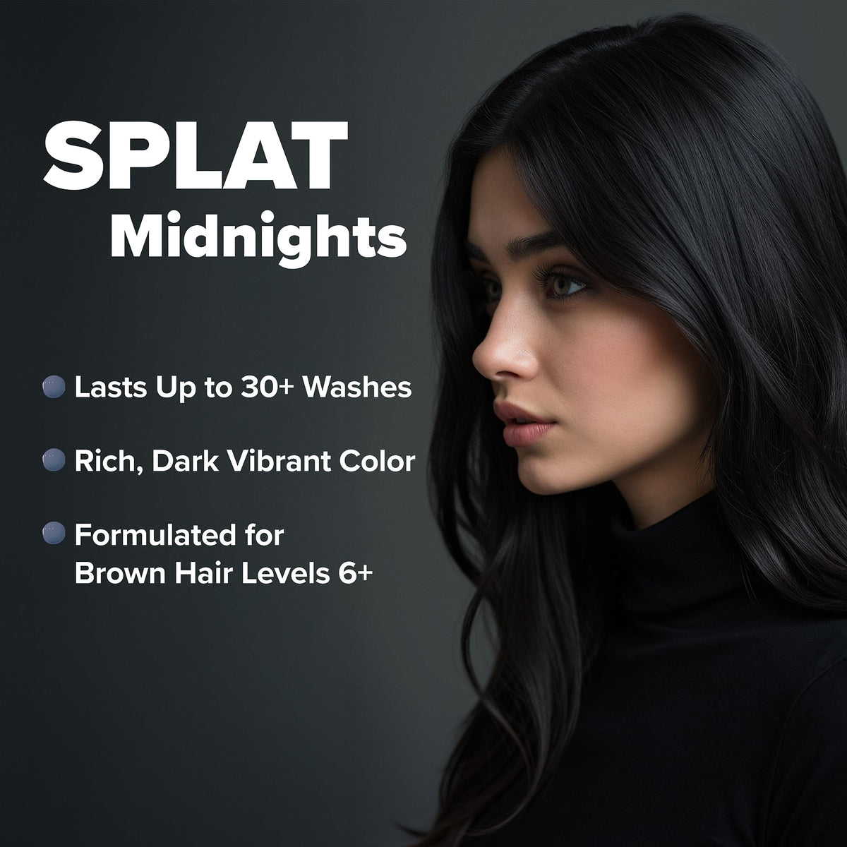 Splat styled model with glossy black hair demonstrating finished look