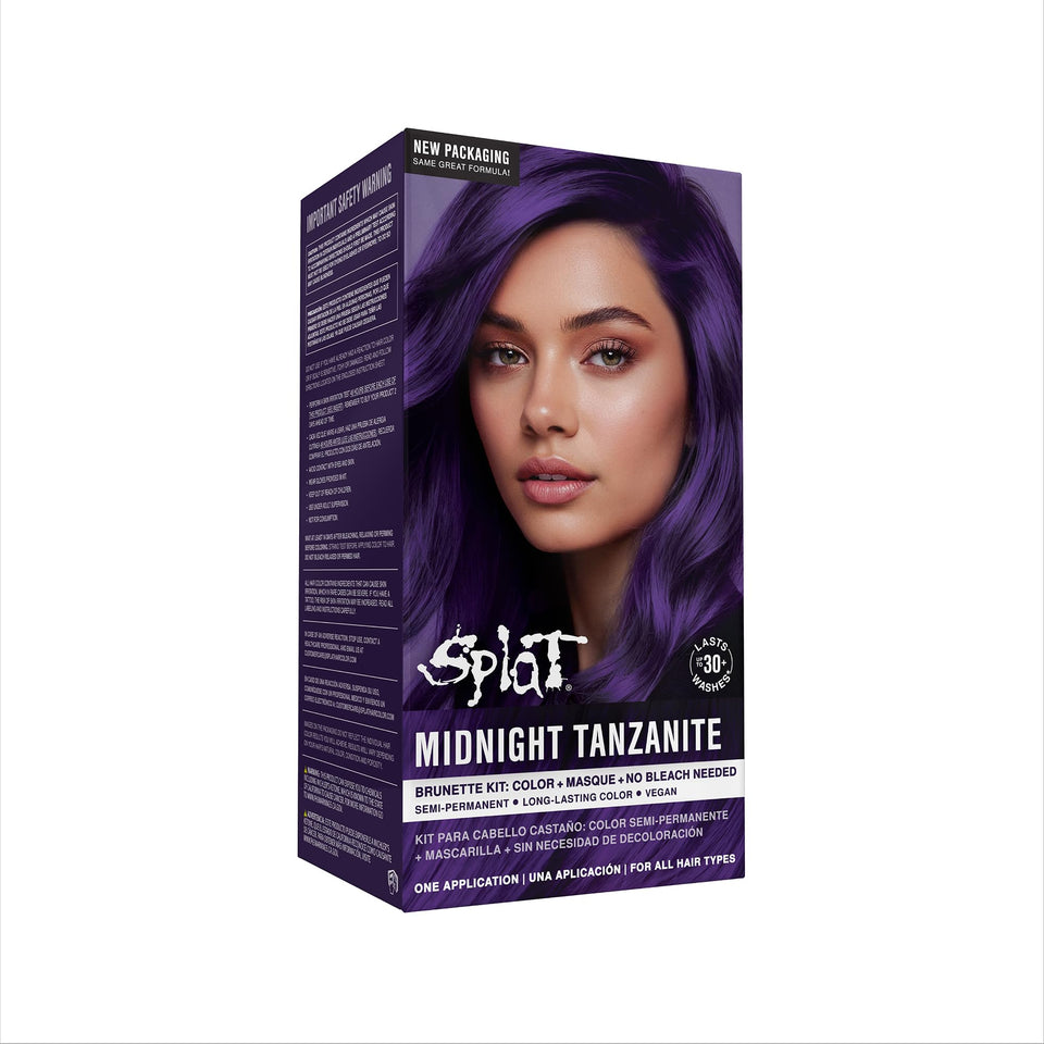 Splat front packaging showing Midnight Tanzanite kit and clear benefits