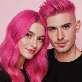 Splat styled hair in street setting showing bold color and fashionable finish