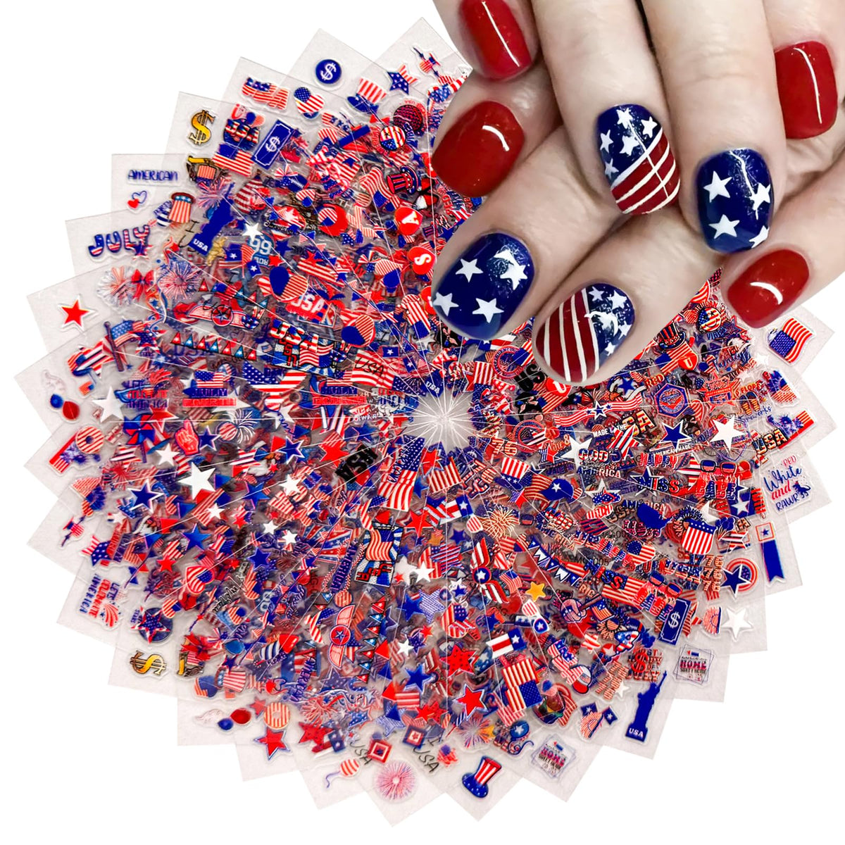 SPLOCUDU front packaging of 30 patriotic nail sticker sheets adds convenience