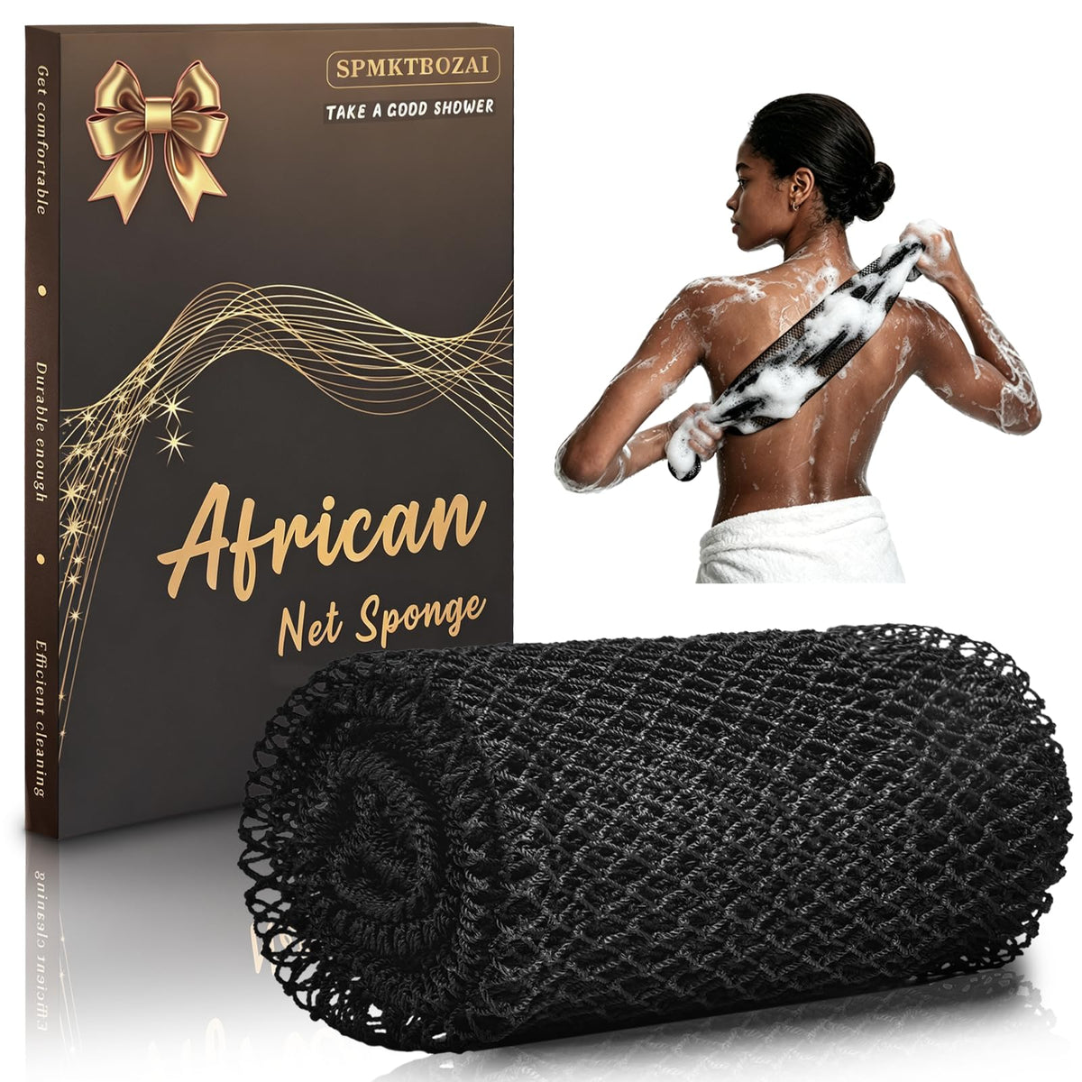 SPMKTBOZAI front view of authentic African net sponge showing packaging and texture benefit