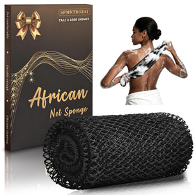 SPMKTBOZAI front view of authentic African net sponge showing packaging and texture benefit