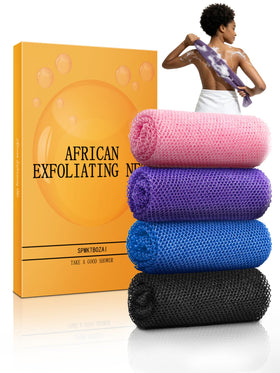 SPMKTBOZAI front packaging showing four knotted net sponges and benefits