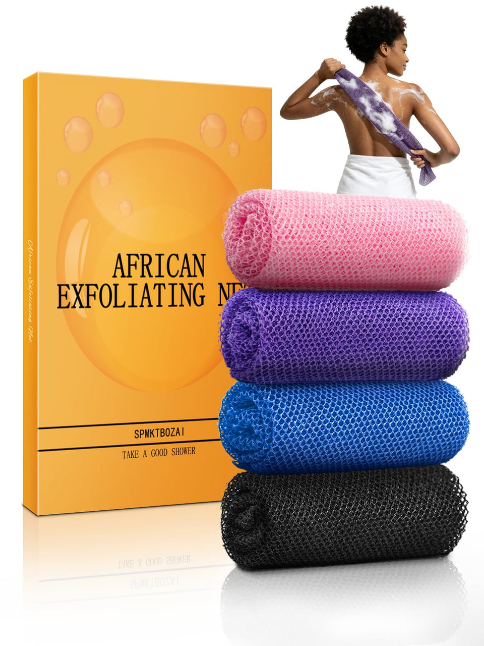 SPMKTBOZAI front packaging showing four knotted net sponges and benefits