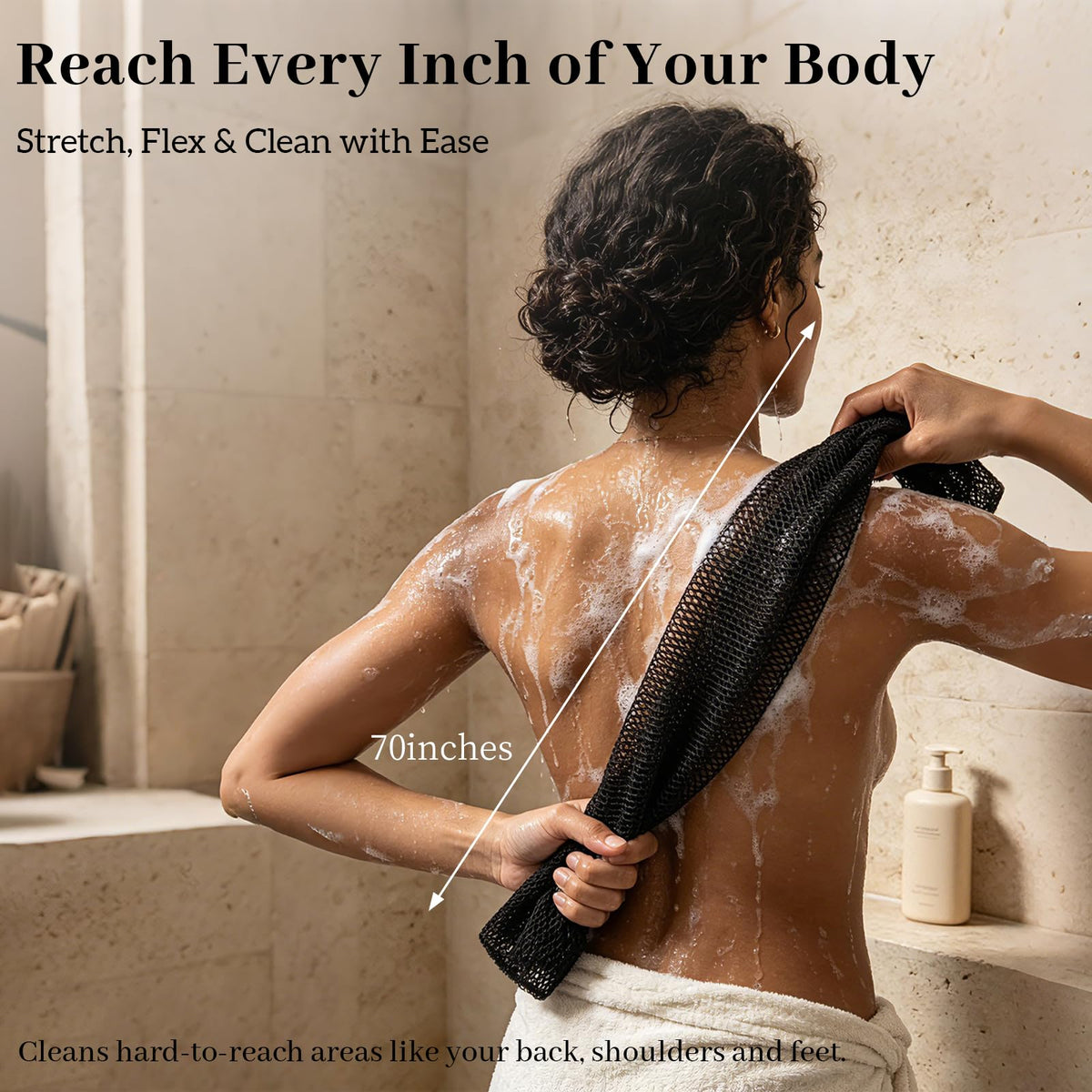 SPMKTBOZAI stretched net sponge to 70 inches demonstrating full-body reach benefit