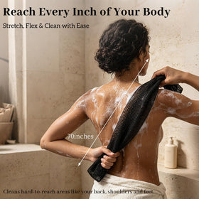 SPMKTBOZAI stretched net sponge to 70 inches demonstrating full-body reach benefit