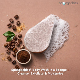 Spongeables coffee dual textured close-up showing exfoliating and cleansing action