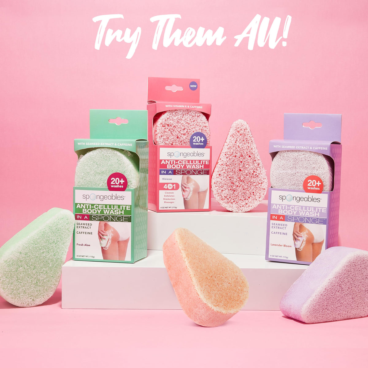 Spongeables coffee on bathroom shelf styled for an at-home spa experience