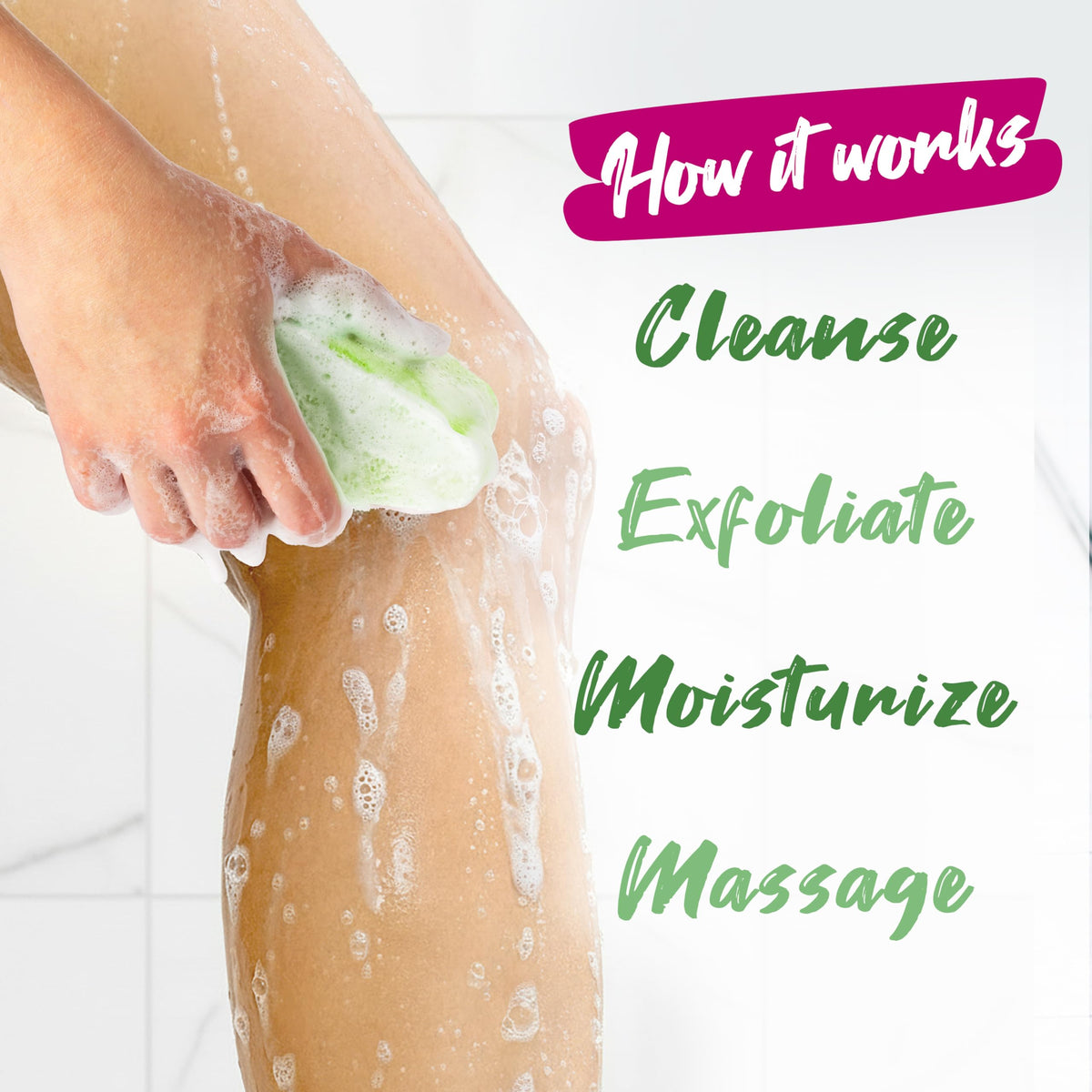 Spongeables in shower being used to massage and invigorate skin
