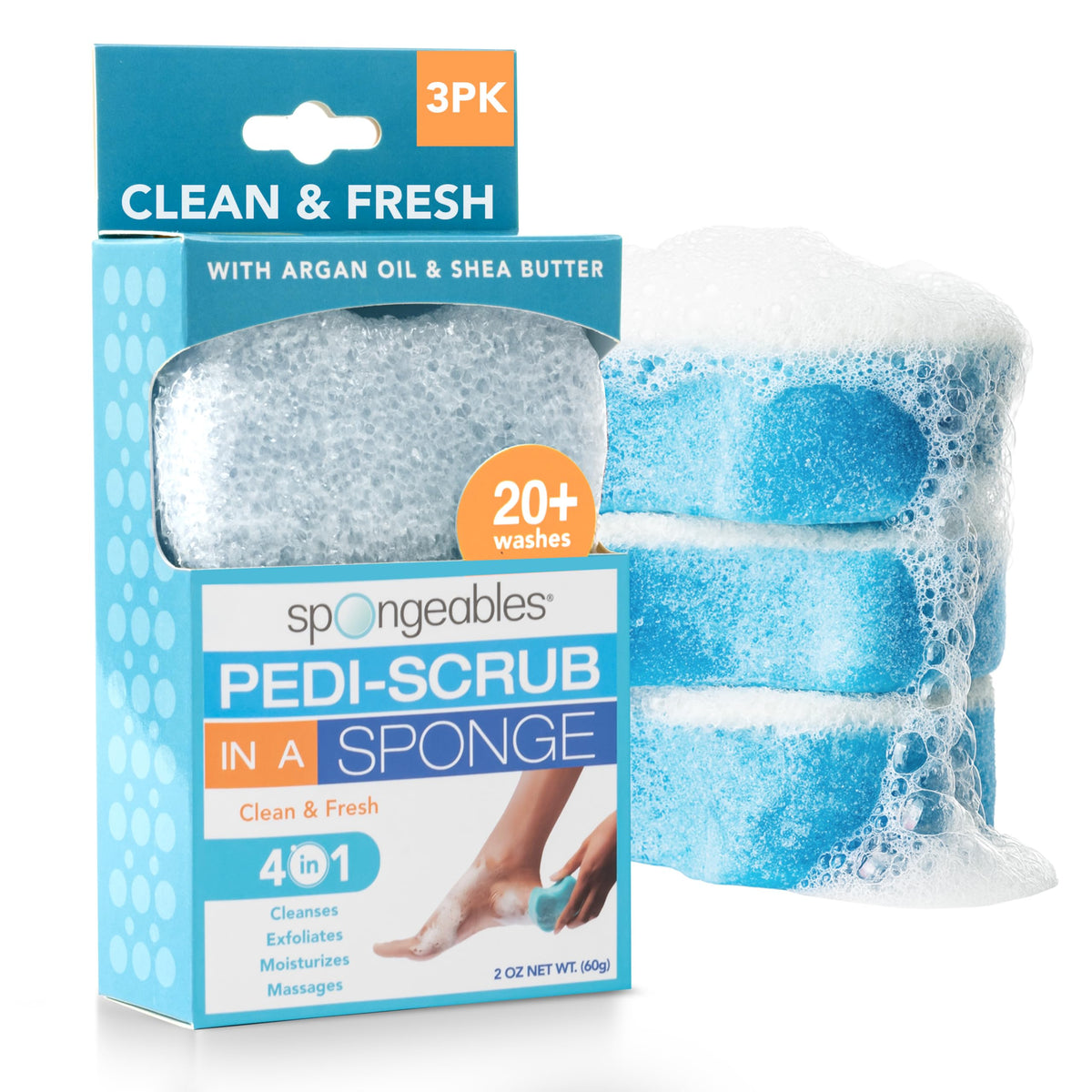 Spongeables front packaging showing three Pedi Scrub sponges and scent