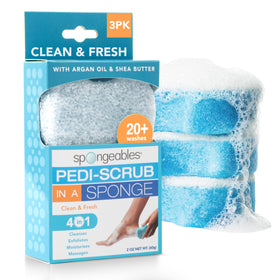 Spongeables front packaging showing three Pedi Scrub sponges and scent