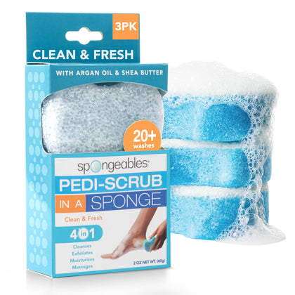 Spongeables front packaging showing three Pedi Scrub sponges and scent