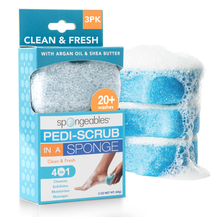 Spongeables front packaging showing three Pedi Scrub sponges and scent