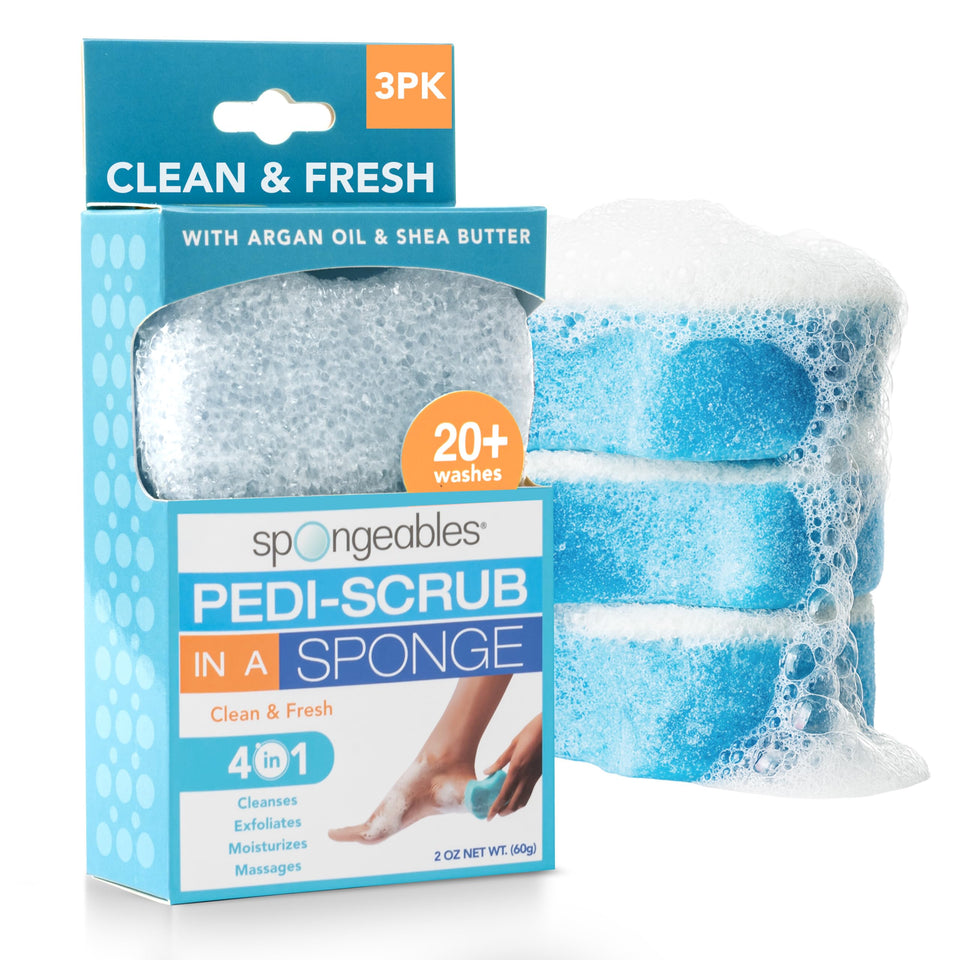 Spongeables front packaging showing three Pedi Scrub sponges and scent