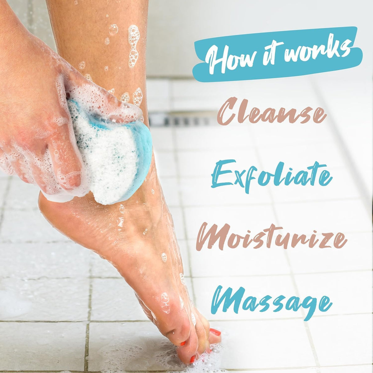 Spongeables being used on foot in shower showing gentle exfoliation
