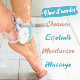 Spongeables being used on foot in shower showing gentle exfoliation