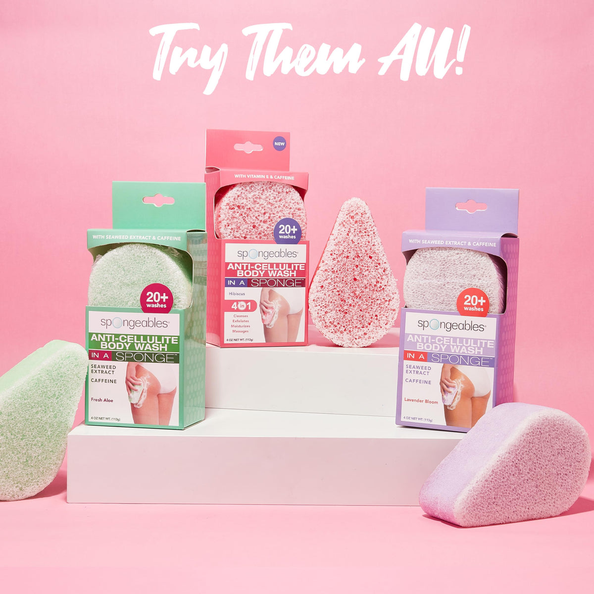 Spongeables sea salt sponge placed on a shower shelf in a bathroom lifestyle setting
