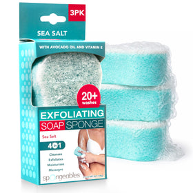 Spongeables sea salt front packaging showing three pre-soaped sponges for convenience