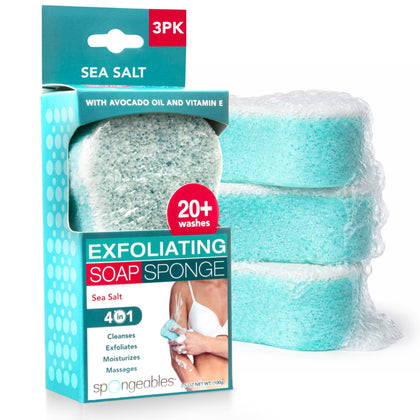 Spongeables sea salt front packaging showing three pre-soaped sponges for convenience