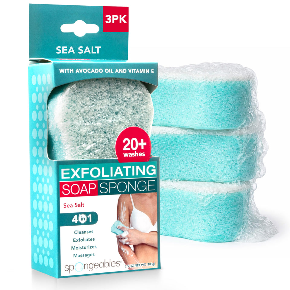Spongeables sea salt front packaging showing three pre-soaped sponges for convenience