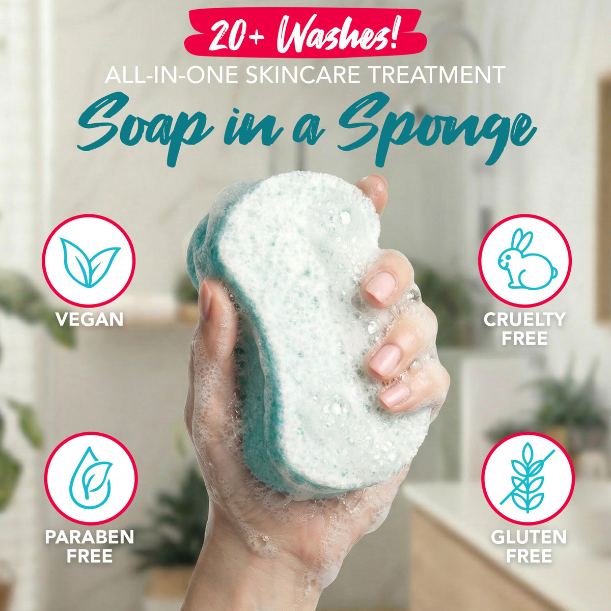 Spongeables sea salt sponge in hand releasing lather to simplify shower routine