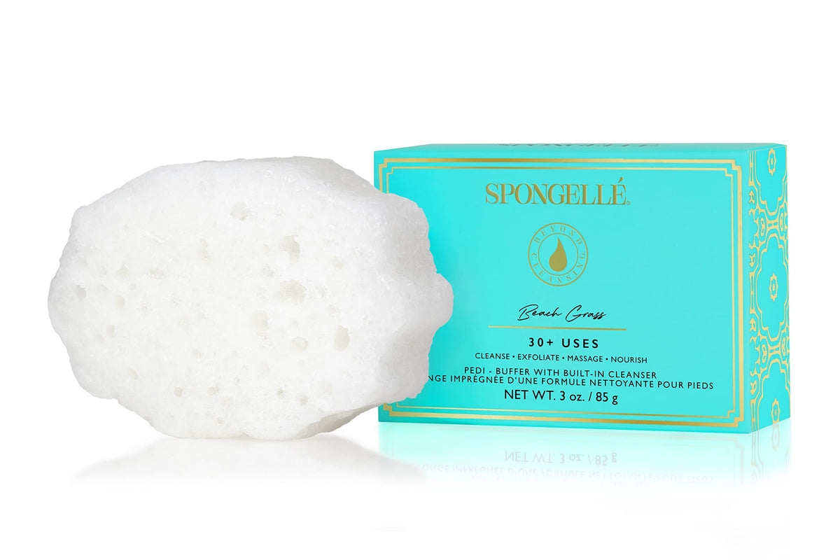SPONGELLÉ front view of pedi buffer packaging showing product benefit