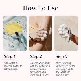 SPONGELLÉ buffer in shower being squeezed to create moisturizing lather