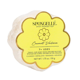 SPONGELLÉ front packaging of Coconut Verbena Daisy Spongette, clear travel benefit