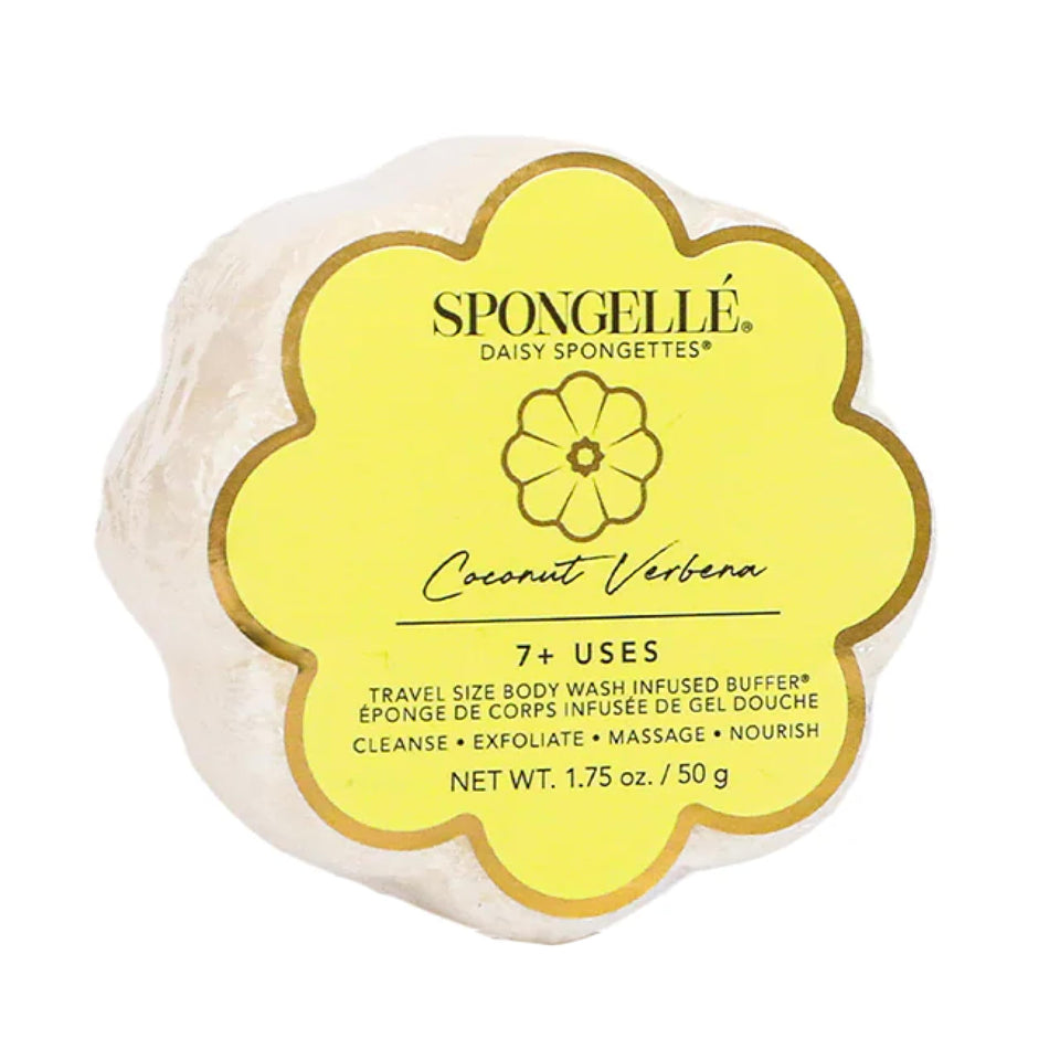 SPONGELLÉ front packaging of Coconut Verbena Daisy Spongette, clear travel benefit