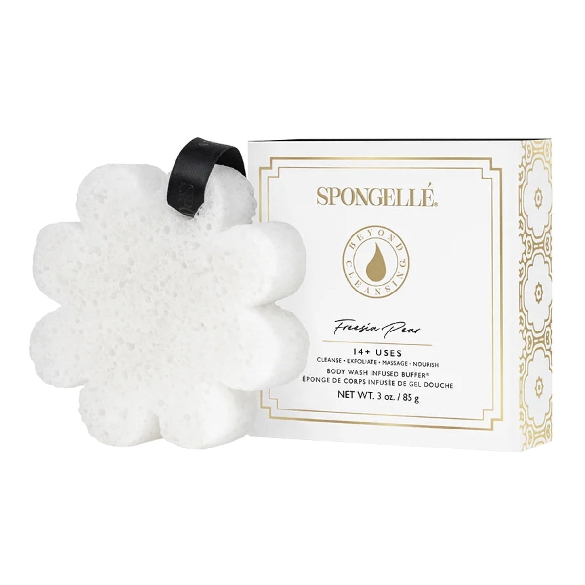 SPONGELLÉ front boxed freesia pear buffer showing gift packaging and scent