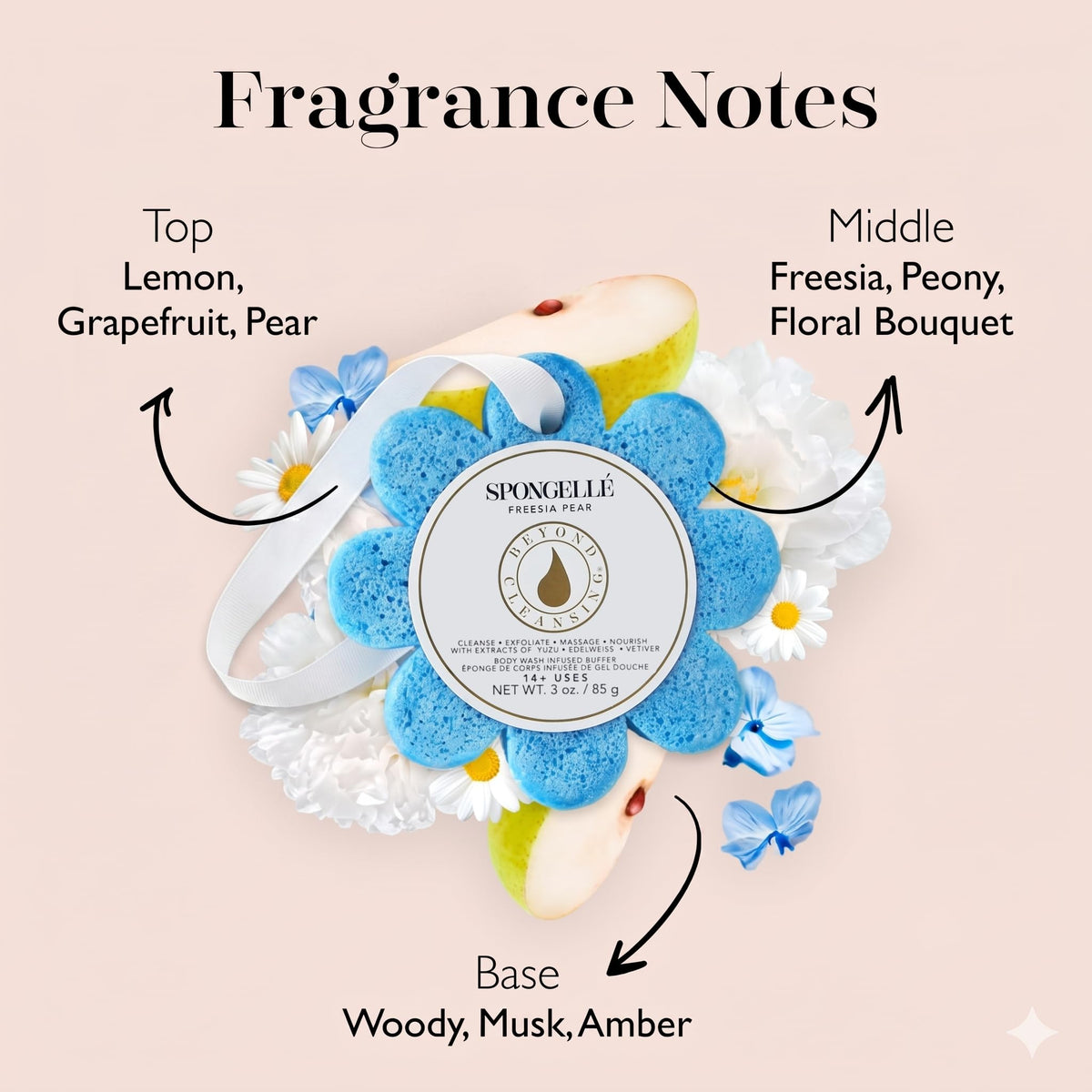 SPONGELLÉ freesia pear producing lather in hand for effective cleansing