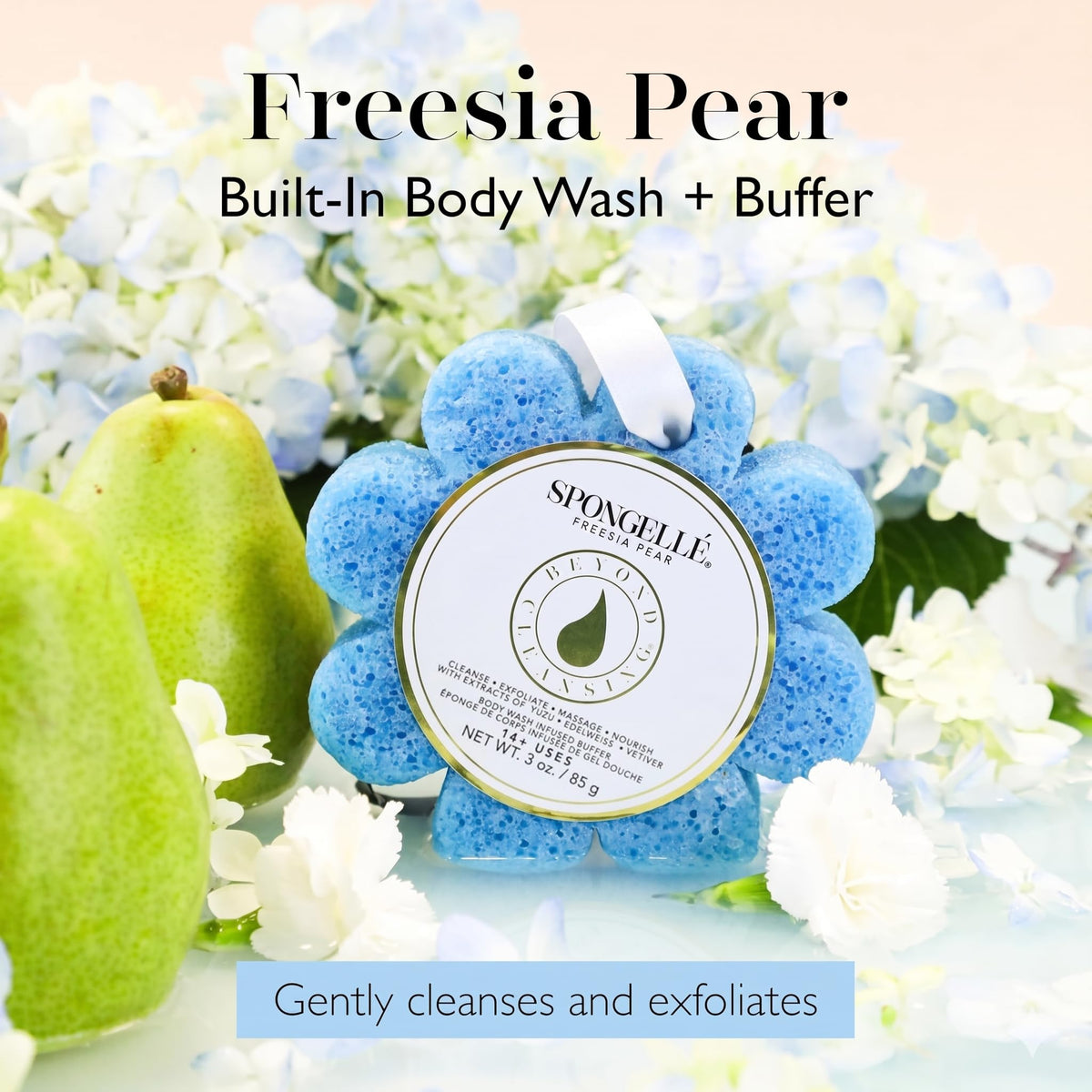 SPONGELLÉ freesia pear sponge texture close-up revealing exfoliating surface