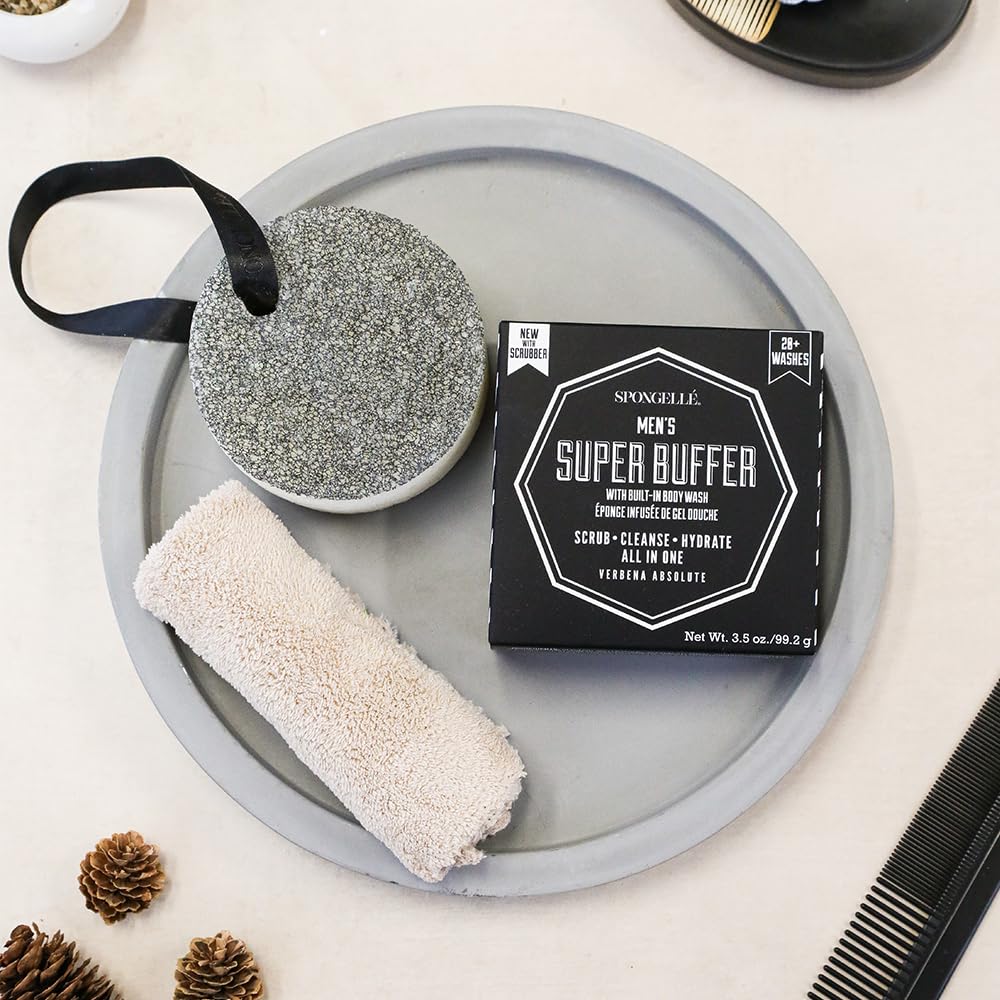 SPONGELLÉ close-up of black scrubber texture, highlights effective exfoliation