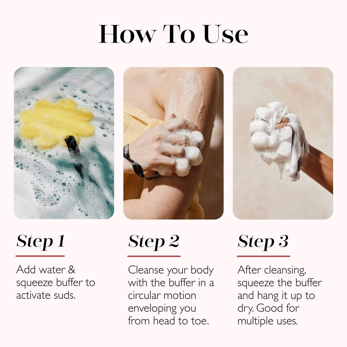 SPONGELLÉ buffer producing dense lather in hand, demonstrates easy activation