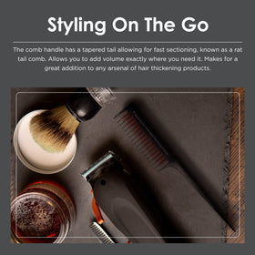 SPORNETTE comb held in hand for scale shows compact size ideal for travel and touch-ups