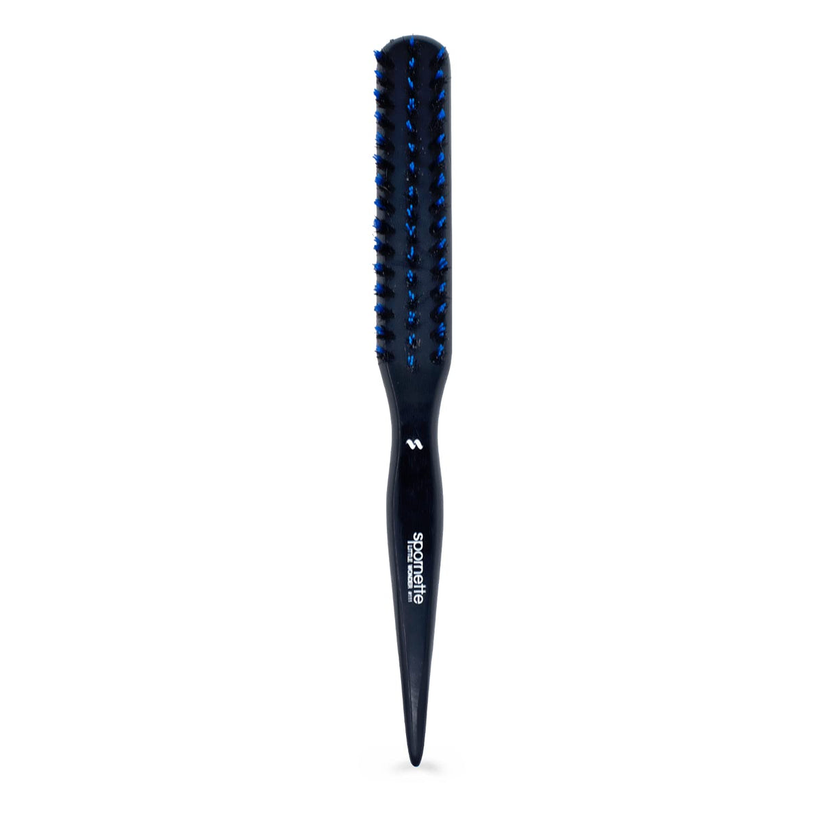 SPORNETTE Little Wonder front view showing compact blue brush and bristles for easy styling