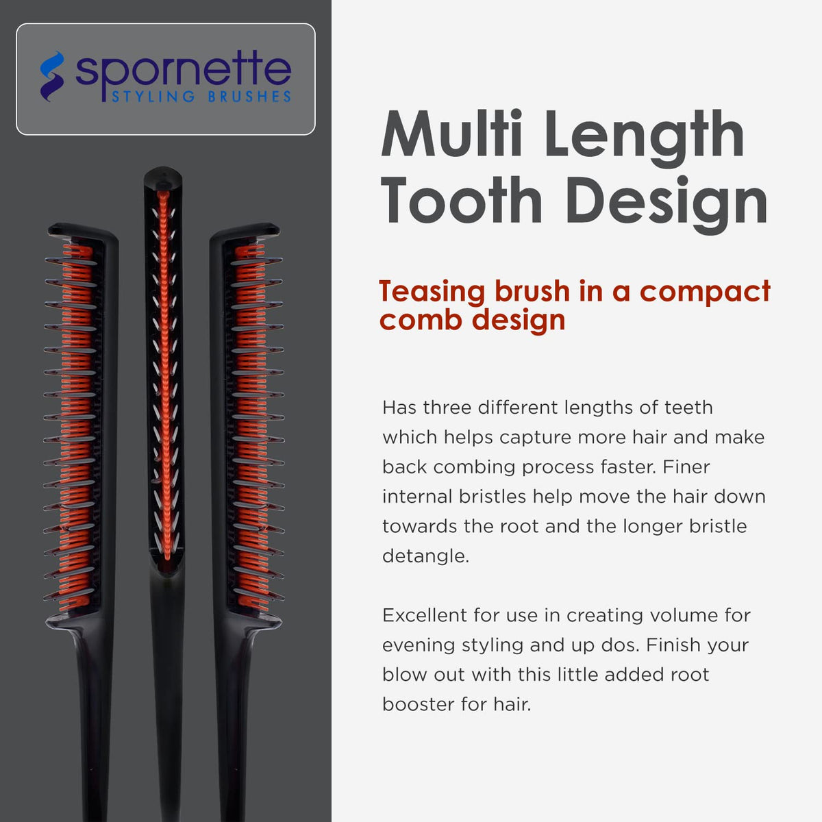 SPORNETTE tapered rat-tail handle detail enables precise sectioning and neat parting benefits